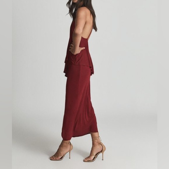 NEW Reiss Xena Draped Ruched Strappy Open Back Midi Cocktail Dress in Deep Red - Picture 6 of 12